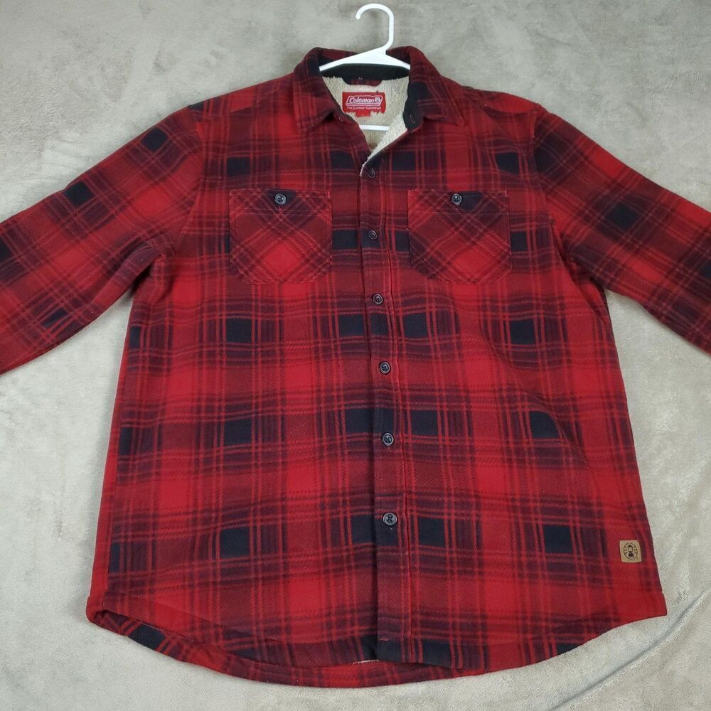 Coleman Sherpa Lined Fleece Jacket Shirt Mens Large Red Plaid Button Up Outdoor - Picture 11 of 11